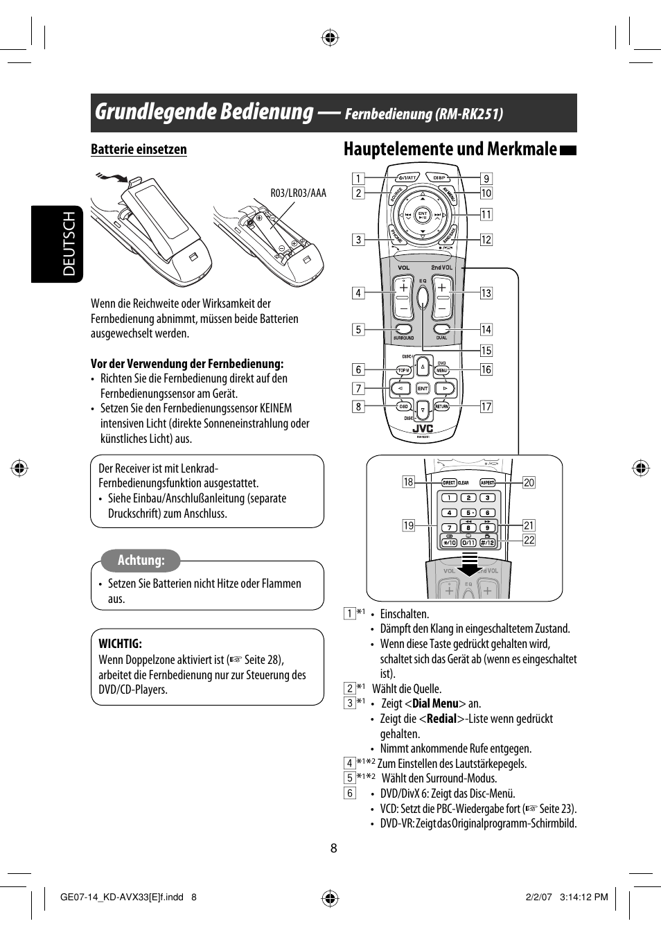 Grundlegende bedienung, Hauptelemente und merkmale, Deutsch | Fernbedienung (rm-rk251) | JVC KD-AVX33 User Manual | Page 80 / 285