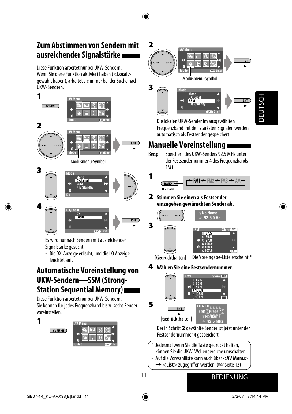 Manuelle voreinstellung, Bedienung, Deutsch | Wählen sie eine festsendernummer, Die voreingabe-liste erscheint | JVC KD-AVX33 User Manual | Page 83 / 285