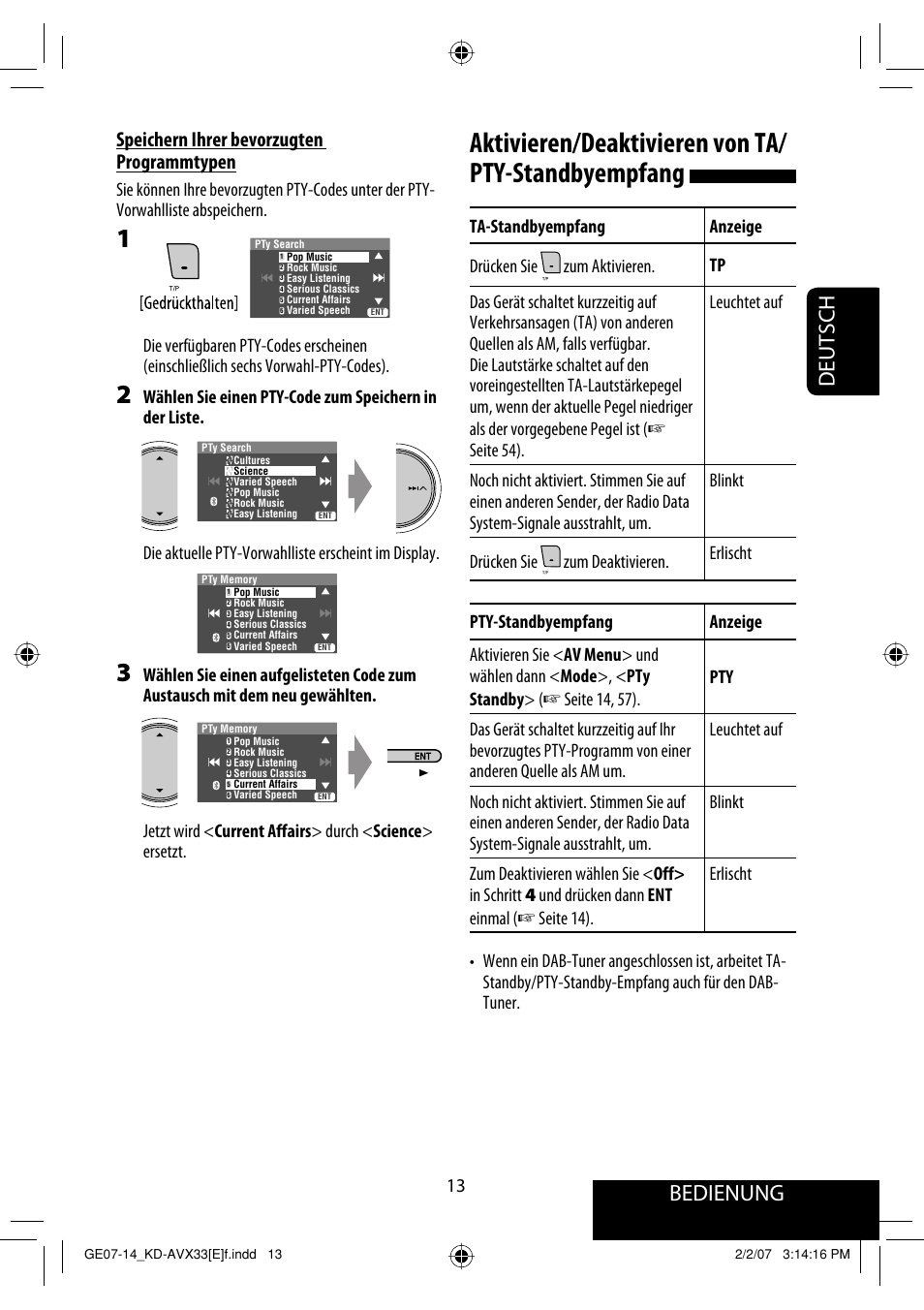 Aktivieren/deaktivieren von ta/ pty-standbyempfang, Bedienung, Deutsch | Speichern ihrer bevorzugten programmtypen | JVC KD-AVX33 User Manual | Page 85 / 285