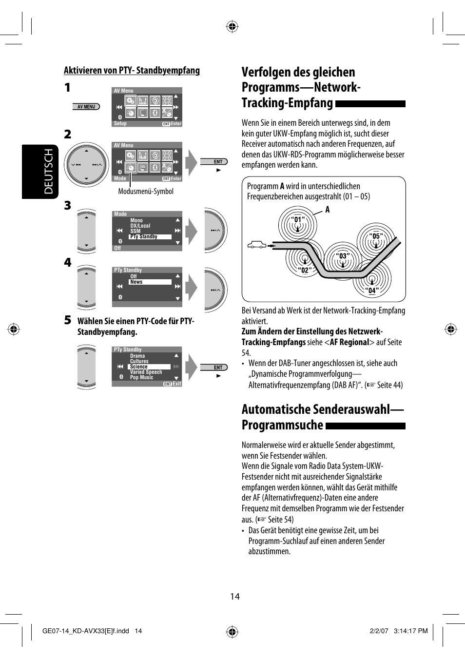 Automatische senderauswahl— programmsuche, Deutsch, Aktivieren von pty- standbyempfang | JVC KD-AVX33 User Manual | Page 86 / 285