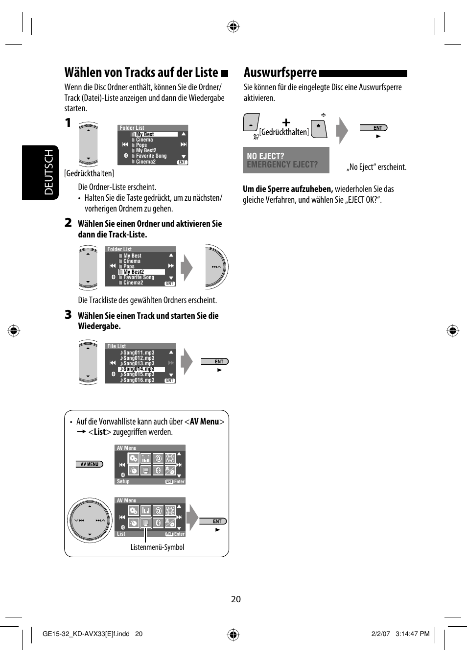 Wählen von tracks auf der liste, Auswurfsperre, Deutsch | JVC KD-AVX33 User Manual | Page 92 / 285