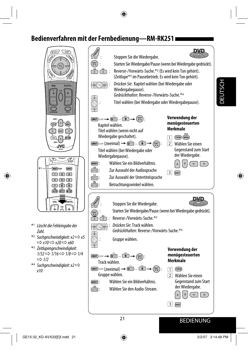 Bedienverfahren mit der fernbedienung —rm-rk251, Bedienung, Deutsch | JVC KD-AVX33 User Manual | Page 93 / 285