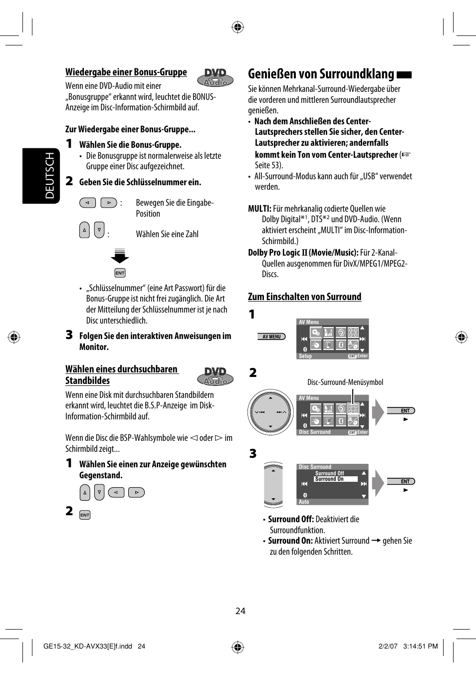 Genießen von surroundklang, Deutsch | JVC KD-AVX33 User Manual | Page 96 / 285