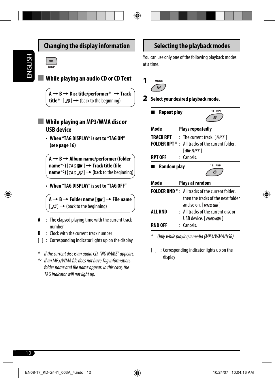 Changing the display information, Selecting the playback modes, English | While playing an audio cd or cd text, While playing an mp3/wma disc or usb device | JVC KD-G441 User Manual | Page 12 / 74