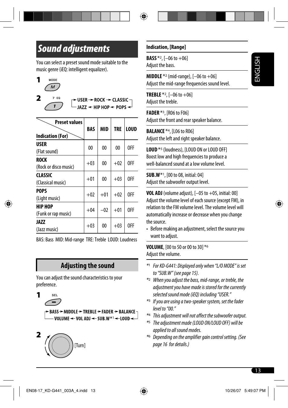 Sound adjustments, Adjusting the sound, English | JVC KD-G441 User Manual | Page 13 / 74