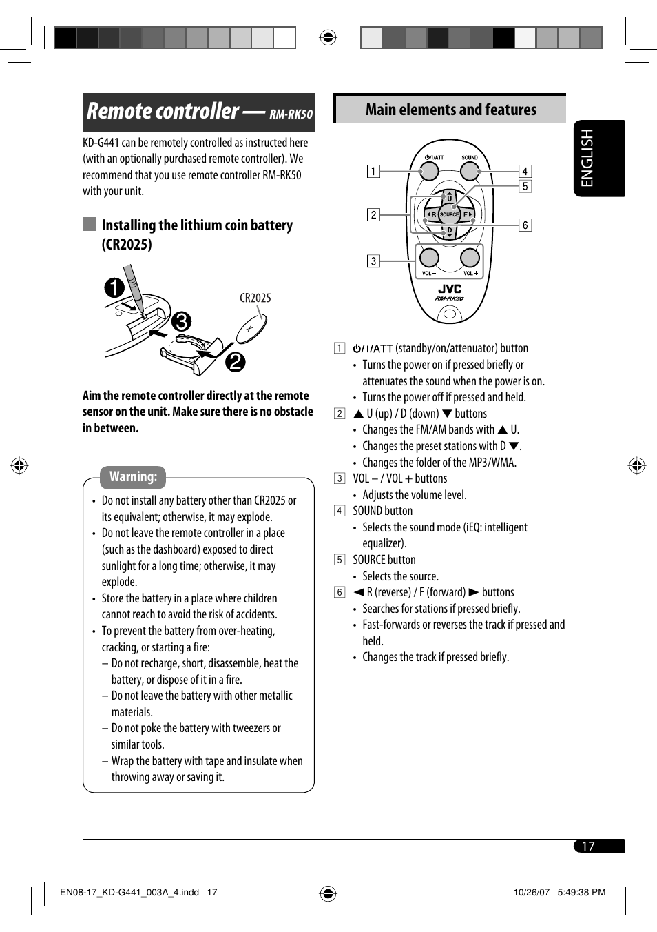 Remote controller, Main elements and features, English | Installing the lithium coin battery (cr2025) | JVC KD-G441 User Manual | Page 17 / 74