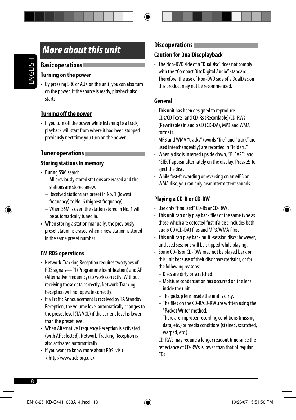 More about this unit, English disc operations, Basic operations | Tuner operations | JVC KD-G441 User Manual | Page 18 / 74