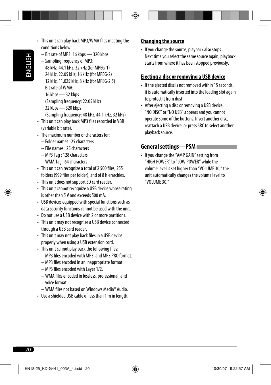 English, General settings—psm | JVC KD-G441 User Manual | Page 20 / 74