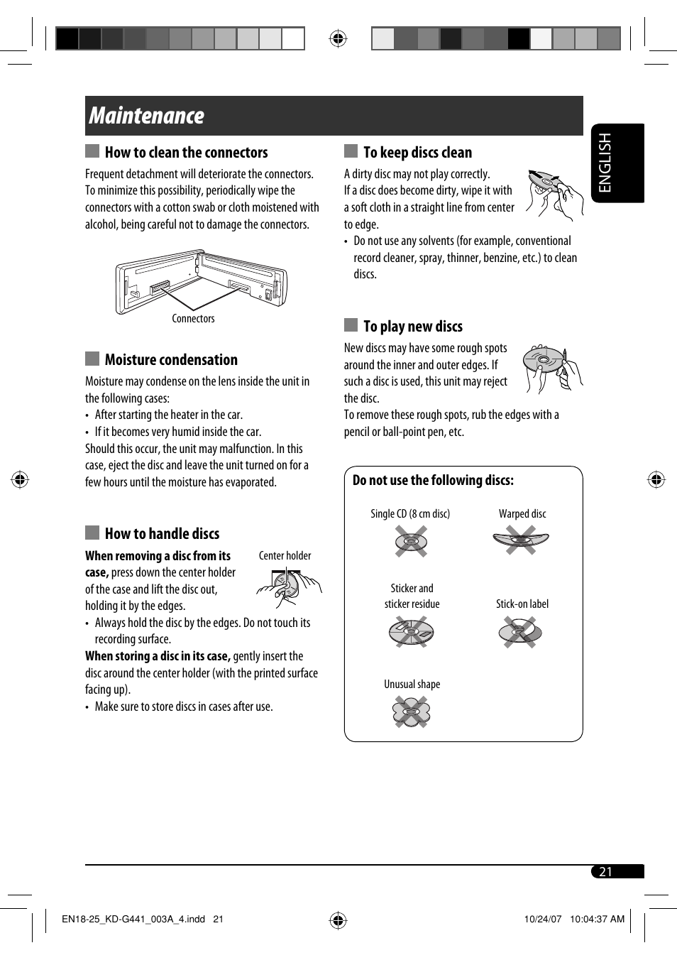 Maintenance, English, How to clean the connectors | Moisture condensation, How to handle discs | JVC KD-G441 User Manual | Page 21 / 74