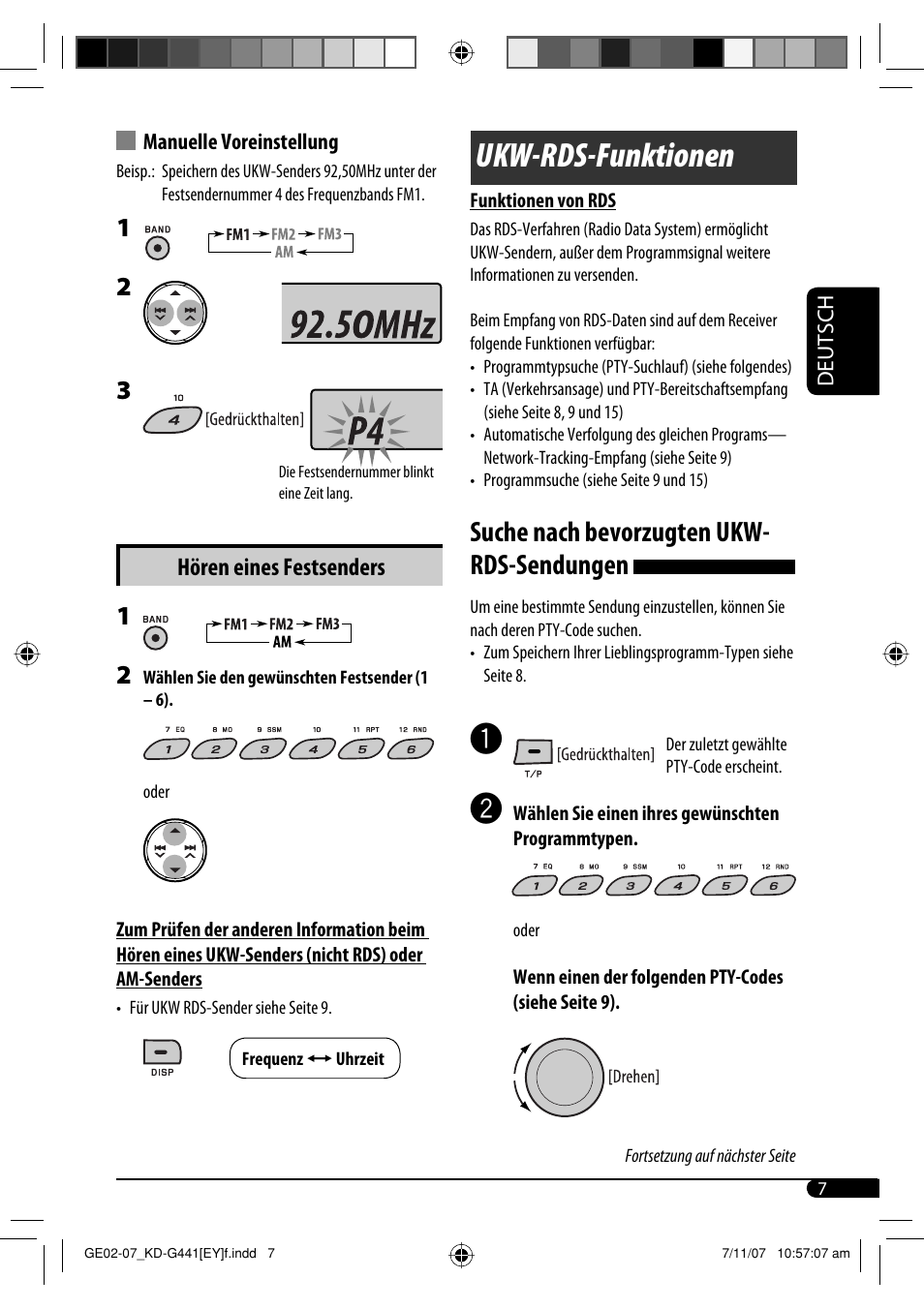 Ukw-rds-funktionen, Suche nach bevorzugten ukw- rds-sendungen, Hören eines festsenders | JVC KD-G441 User Manual | Page 31 / 74