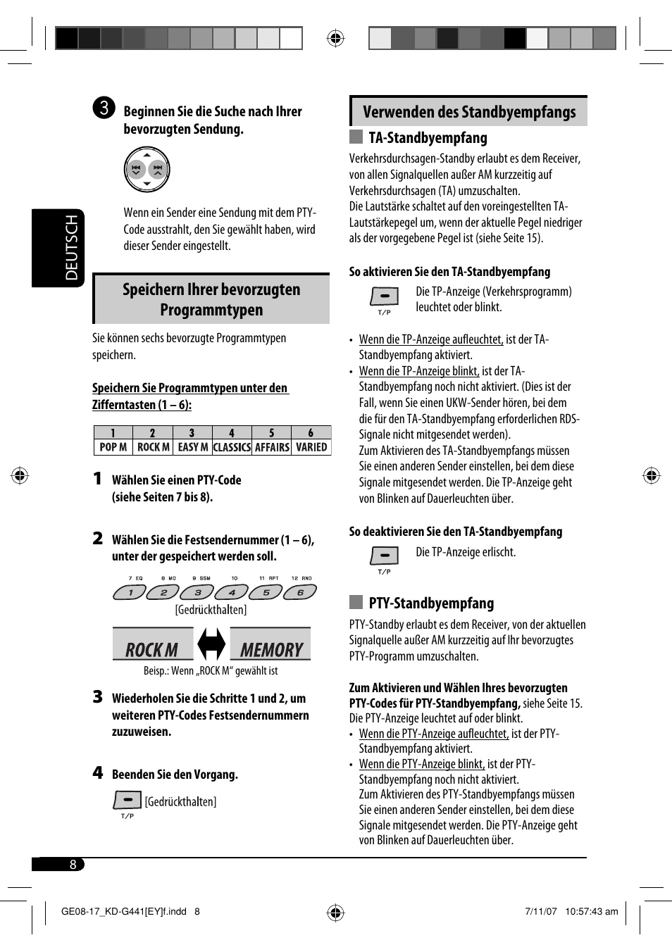 Verwenden des standbyempfangs, Speichern ihrer bevorzugten programmtypen | JVC KD-G441 User Manual | Page 32 / 74