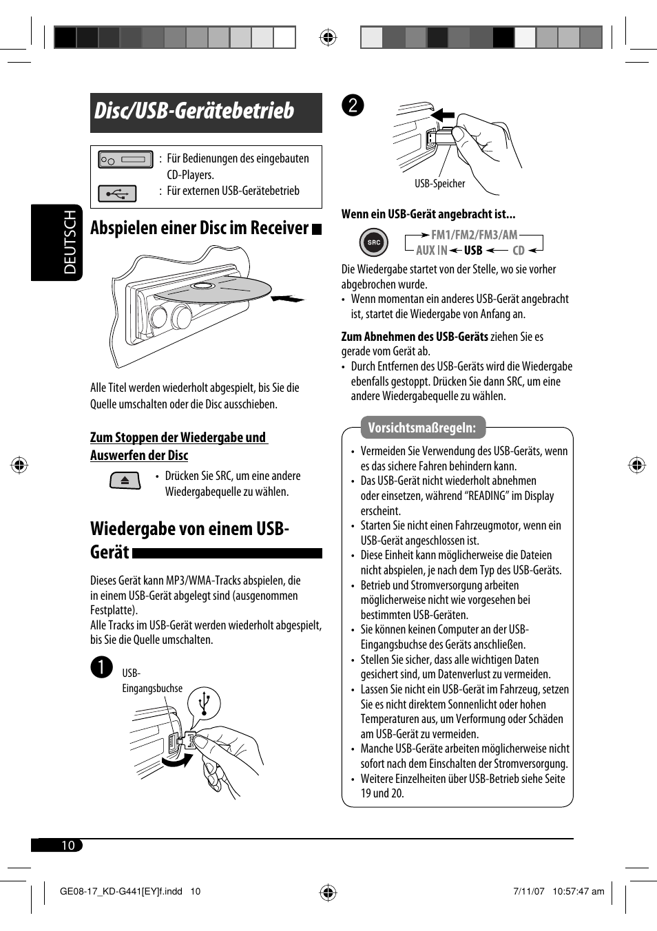 Disc/usb-gerätebetrieb, Abspielen einer disc im receiver, Wiedergabe von einem usb- gerät | JVC KD-G441 User Manual | Page 34 / 74