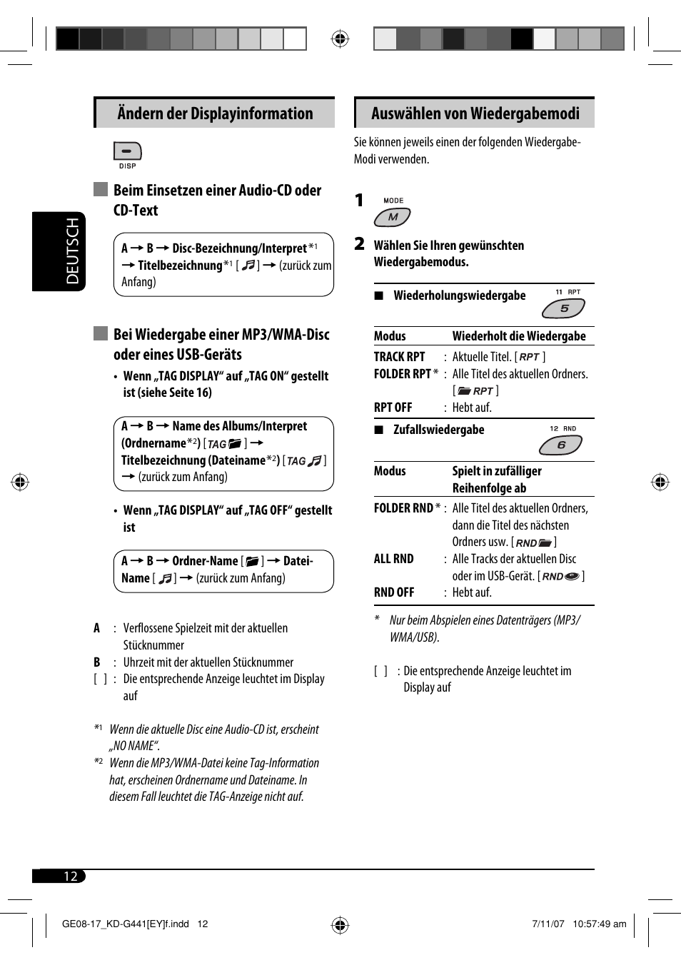 Ändern der displayinformation, Auswählen von wiedergabemodi, Deutsch | Beim einsetzen einer audio-cd oder cd-text | JVC KD-G441 User Manual | Page 36 / 74