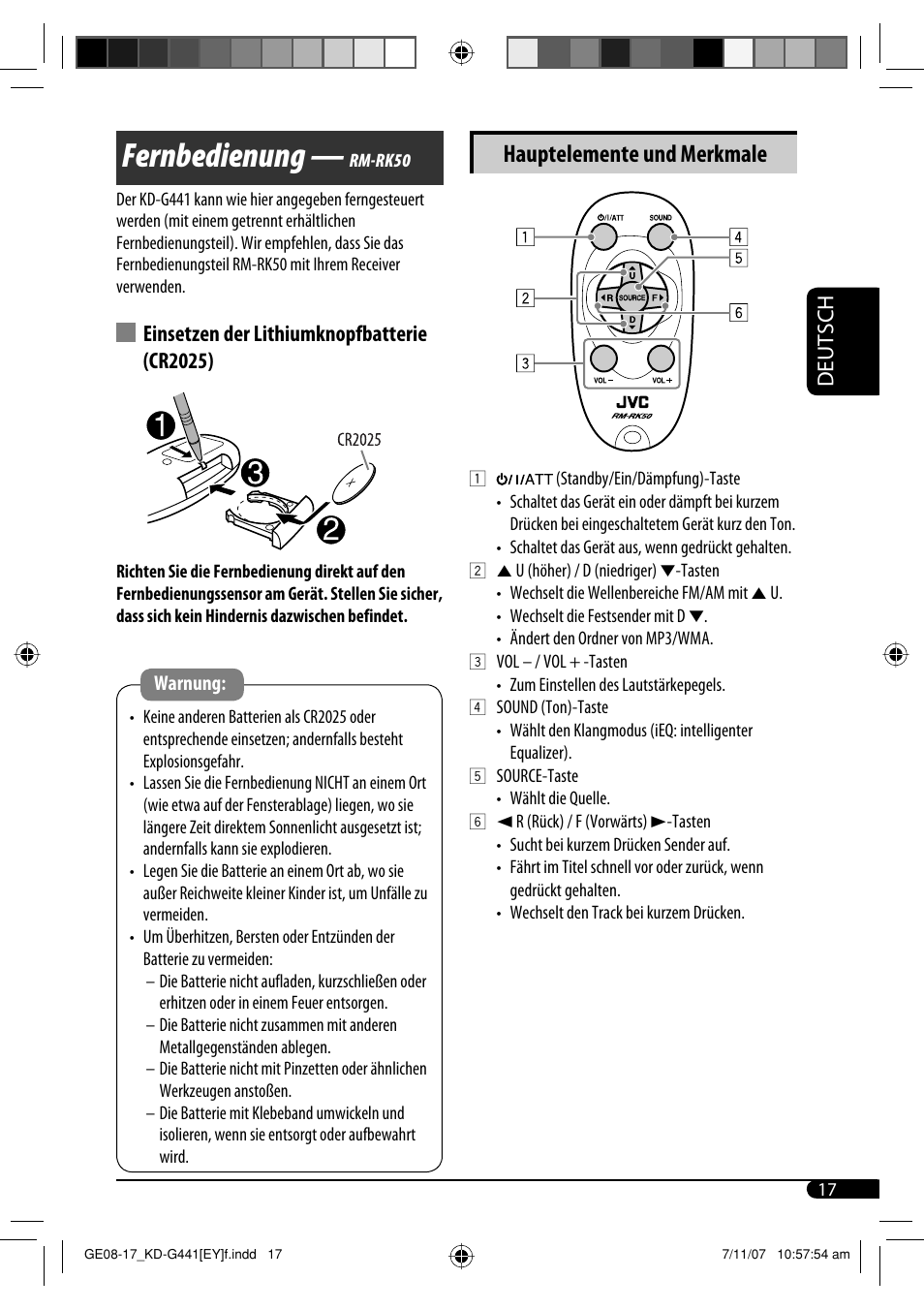 Fernbedienung, Hauptelemente und merkmale, Deutsch | Einsetzen der lithiumknopfbatterie (cr2025) | JVC KD-G441 User Manual | Page 41 / 74