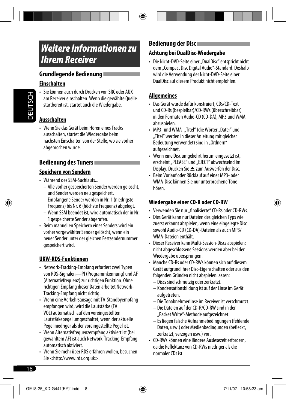 Weitere informationen zu ihrem receiver, Deutsch bedienung der disc, Grundlegende bedienung | Bedienung des tuners | JVC KD-G441 User Manual | Page 42 / 74