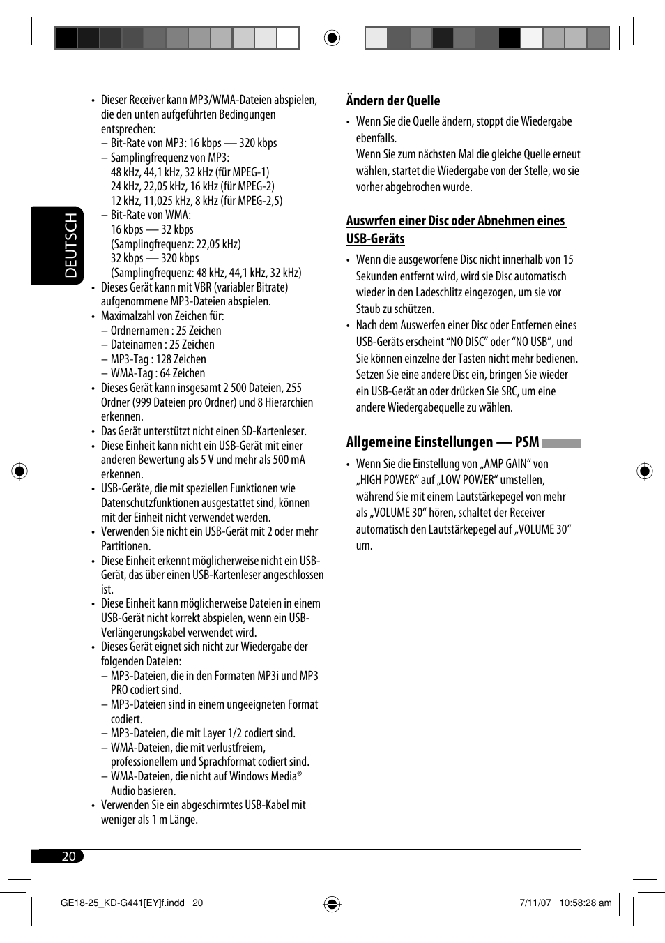 Deutsch, Allgemeine einstellungen — psm | JVC KD-G441 User Manual | Page 44 / 74