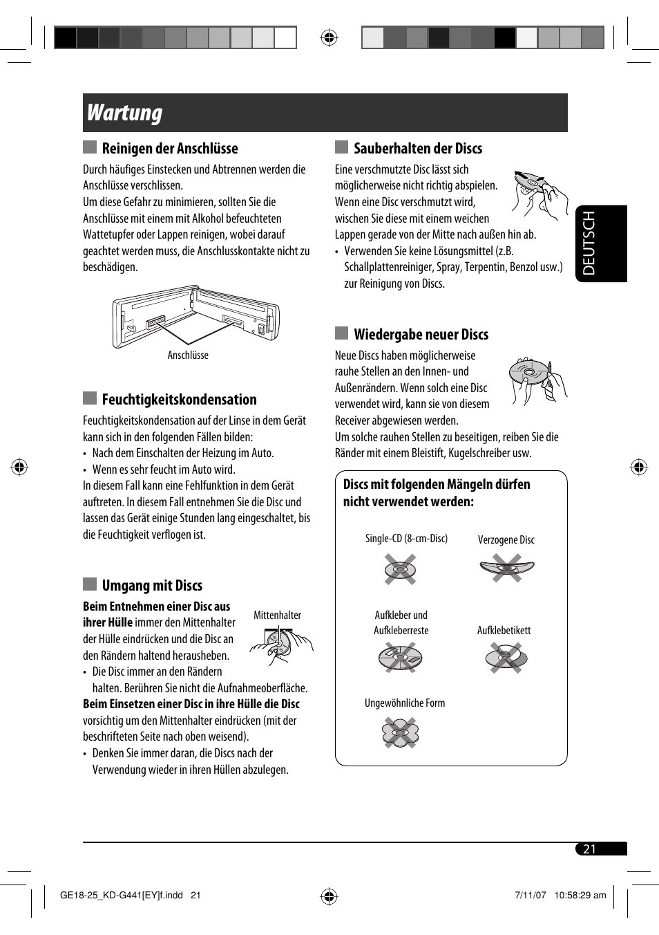 Wartung, Deutsch reinigen der anschlüsse, Feuchtigkeitskondensation | Umgang mit discs, Sauberhalten der discs, Wiedergabe neuer discs | JVC KD-G441 User Manual | Page 45 / 74