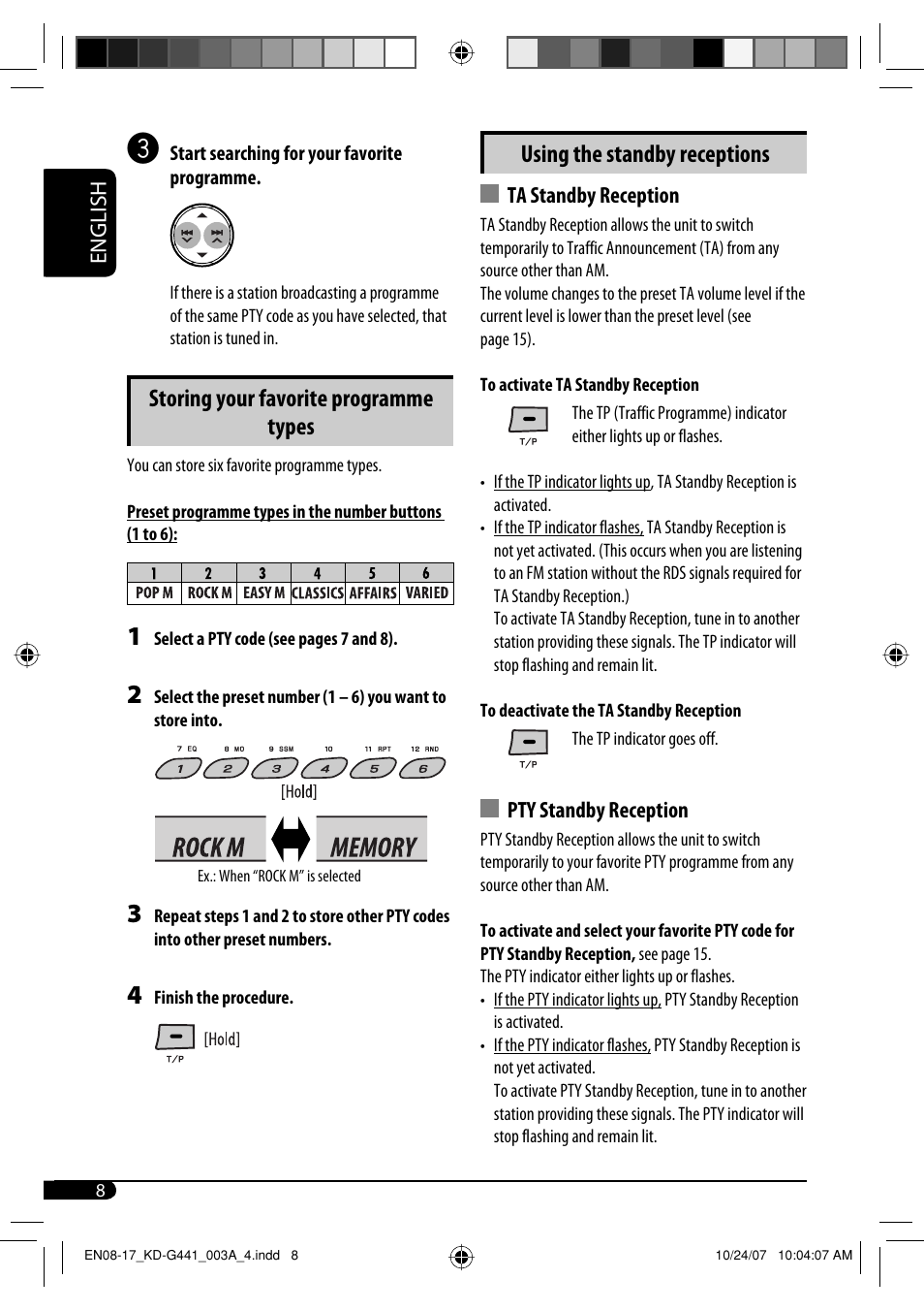 Using the standby receptions, Storing your favorite programme types | JVC KD-G441 User Manual | Page 8 / 74