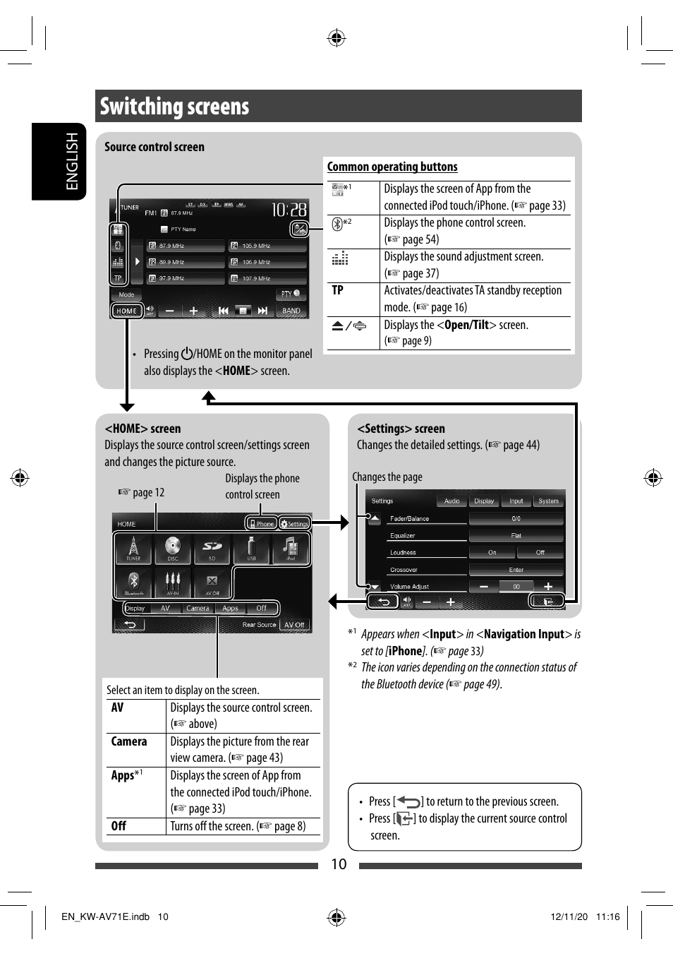 Switching screens, 10 english | JVC KW-AV71BT User Manual | Page 10 / 285