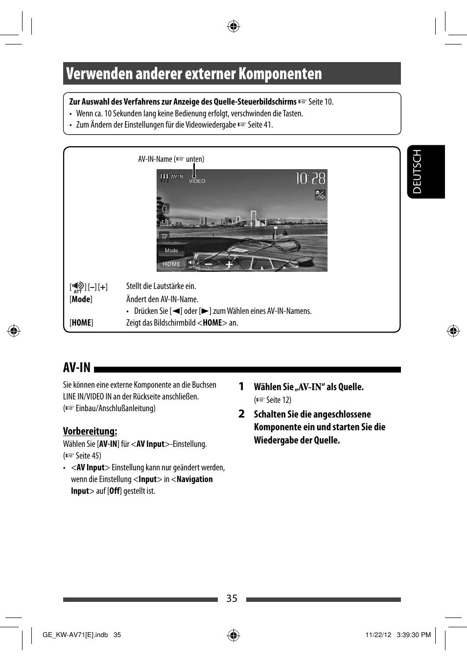 Verwenden anderer externer komponenten, Av-in | JVC KW-AV71BT User Manual | Page 105 / 285