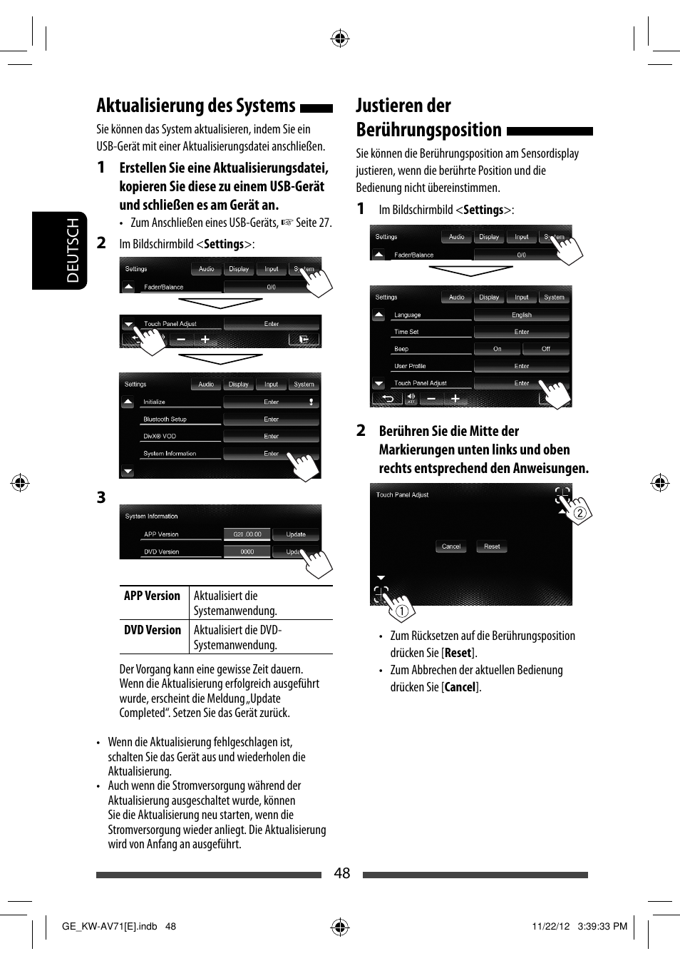 Justieren der berührungsposition, Aktualisierung des systems | JVC KW-AV71BT User Manual | Page 118 / 285