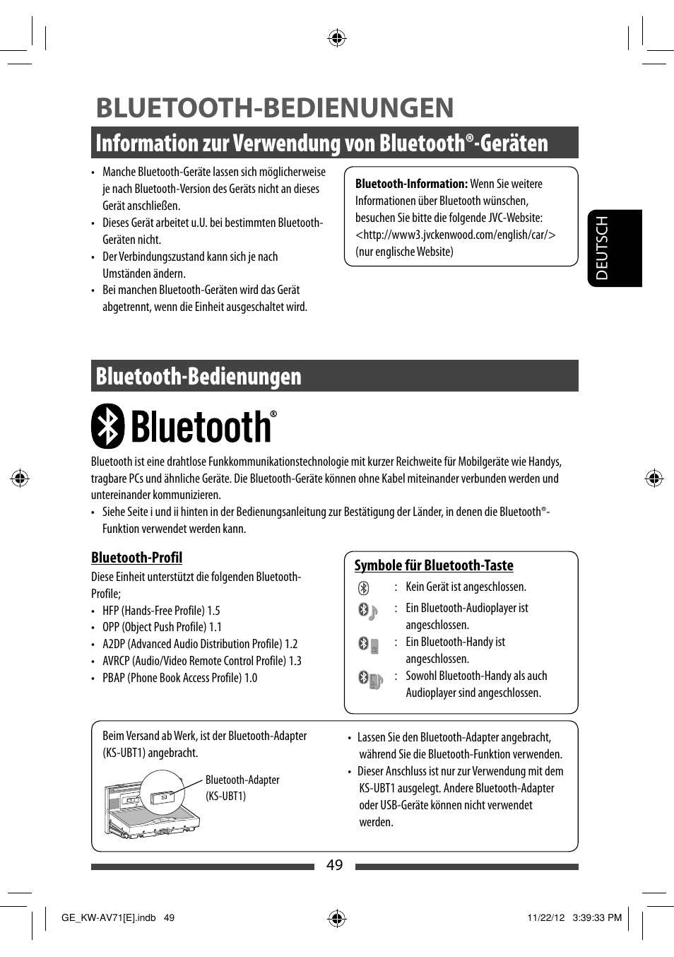 Bluetooth-bedienungen, Information zur verwendung von bluetooth®-geräten | JVC KW-AV71BT User Manual | Page 119 / 285