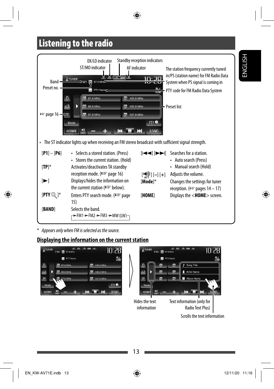 Listening to the radio, 13 english, Displaying the information on the current station | JVC KW-AV71BT User Manual | Page 13 / 285