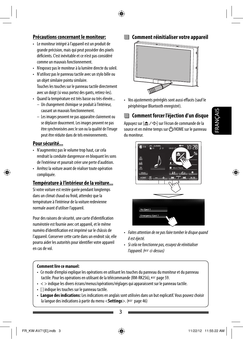 Comment réinitialiser votre appareil, Comment forcer l’éjection d’un disque | JVC KW-AV71BT User Manual | Page 143 / 285