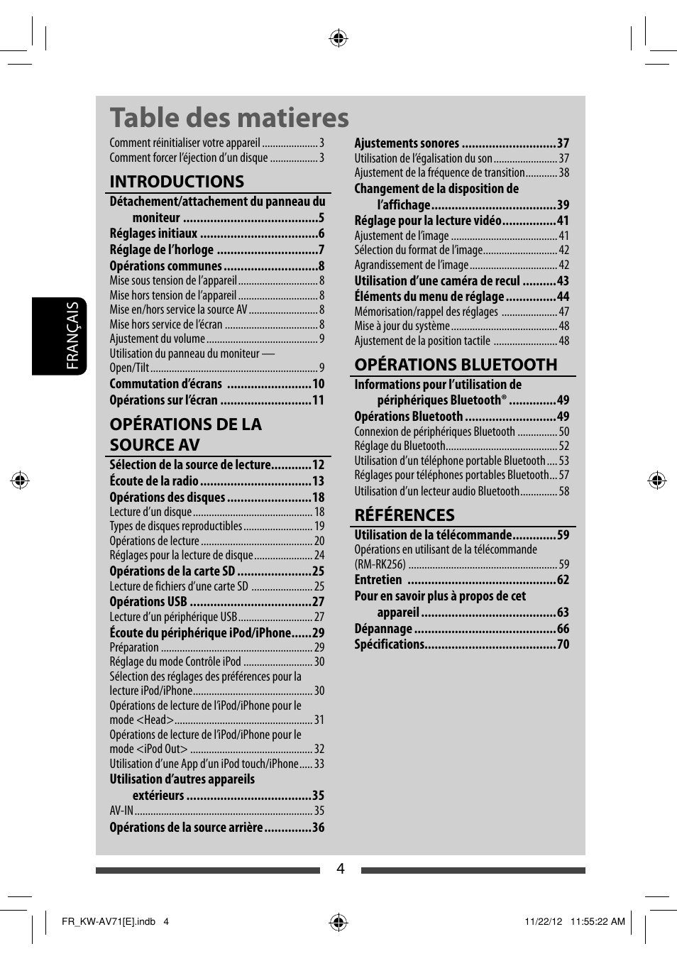 Table des matieres, Introductions, Opérations de la source av | Opérations bluetooth, Références | JVC KW-AV71BT User Manual | Page 144 / 285