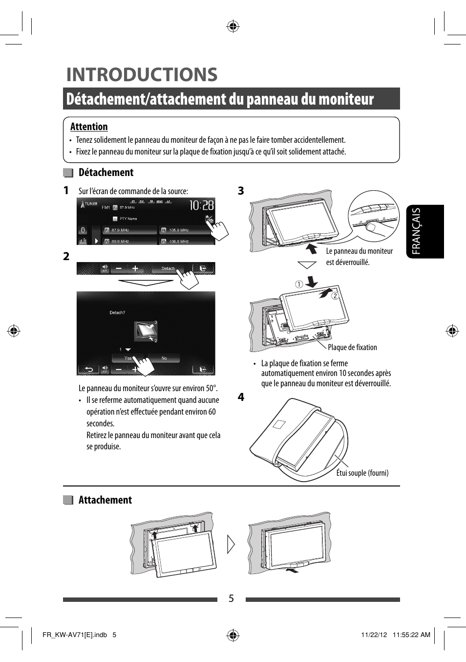 Introductions, Détachement/attachement du panneau du moniteur | JVC KW-AV71BT User Manual | Page 145 / 285