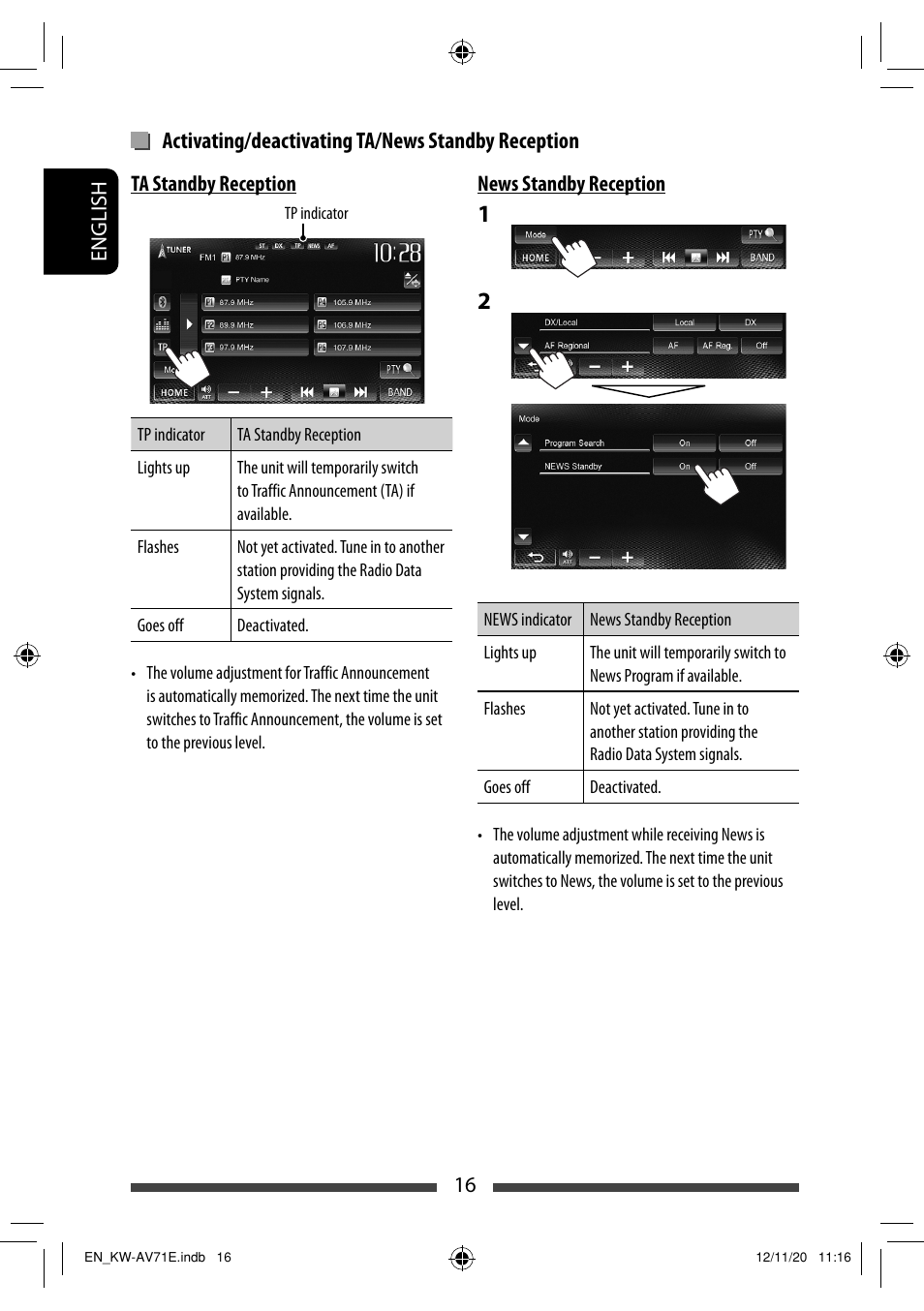 Activating/deactivating ta/news standby reception | JVC KW-AV71BT User Manual | Page 16 / 285