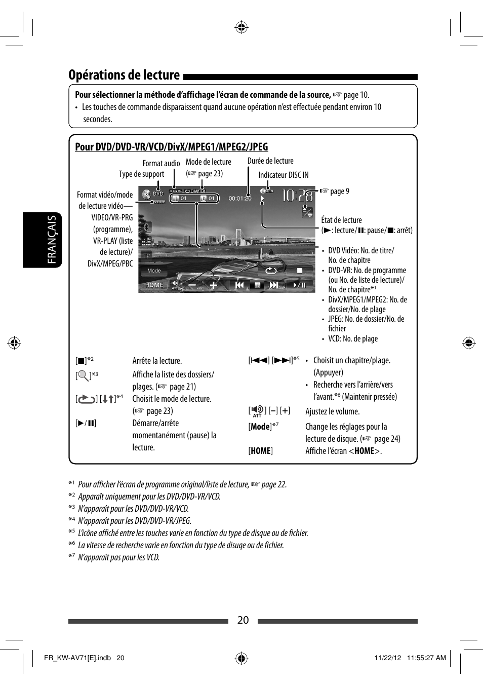 Opérations de lecture, 20 français, Pour dvd/dvd-vr/vcd/divx/mpeg1/mpeg2/jpeg | JVC KW-AV71BT User Manual | Page 160 / 285