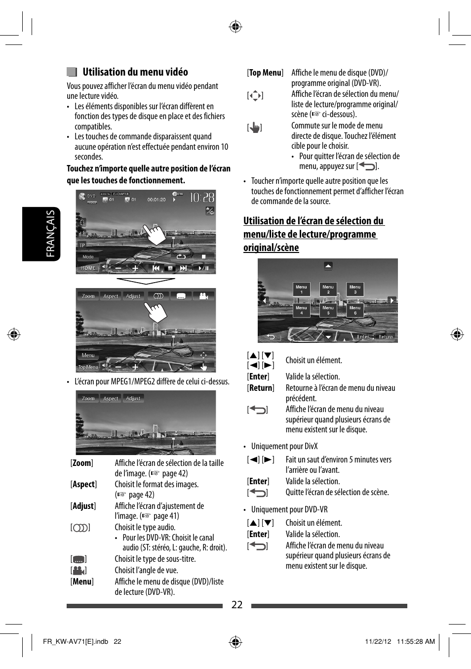 Utilisation du menu vidéo | JVC KW-AV71BT User Manual | Page 162 / 285