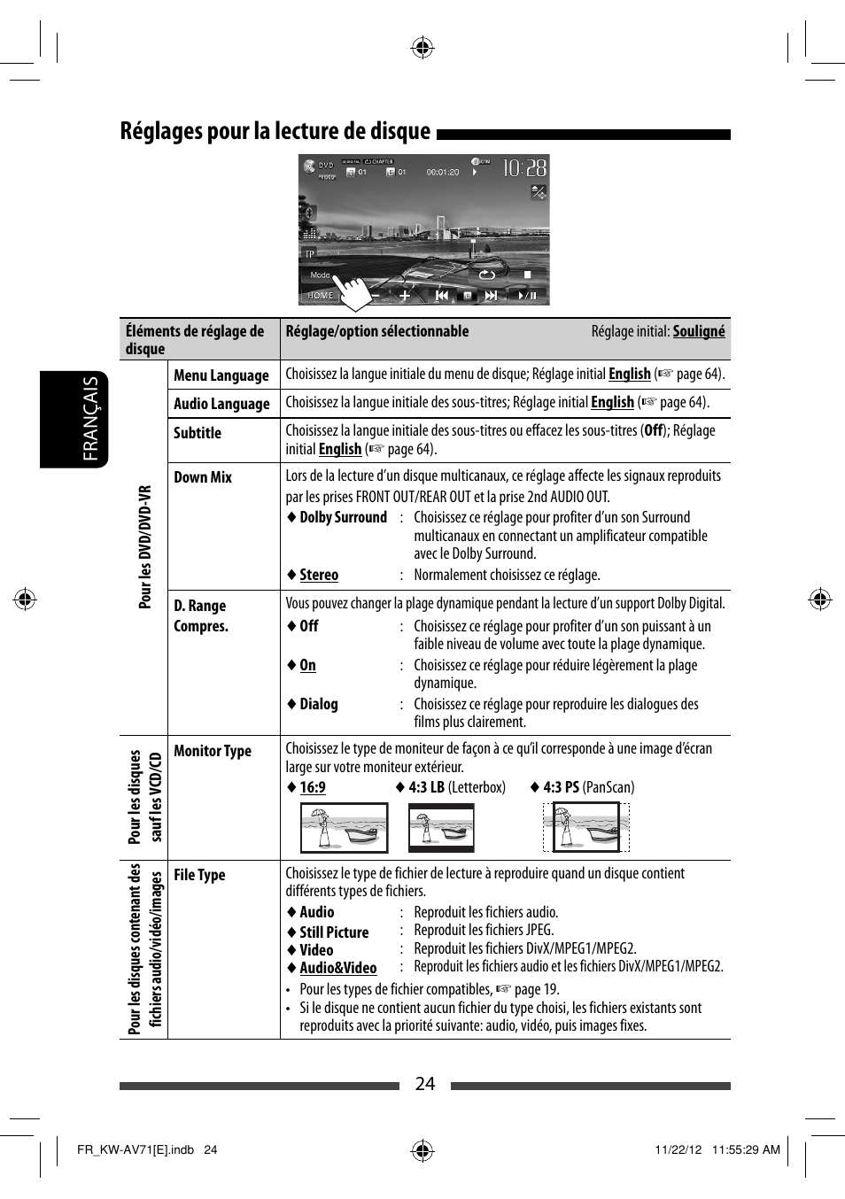 Réglages pour la lecture de disque | JVC KW-AV71BT User Manual | Page 164 / 285