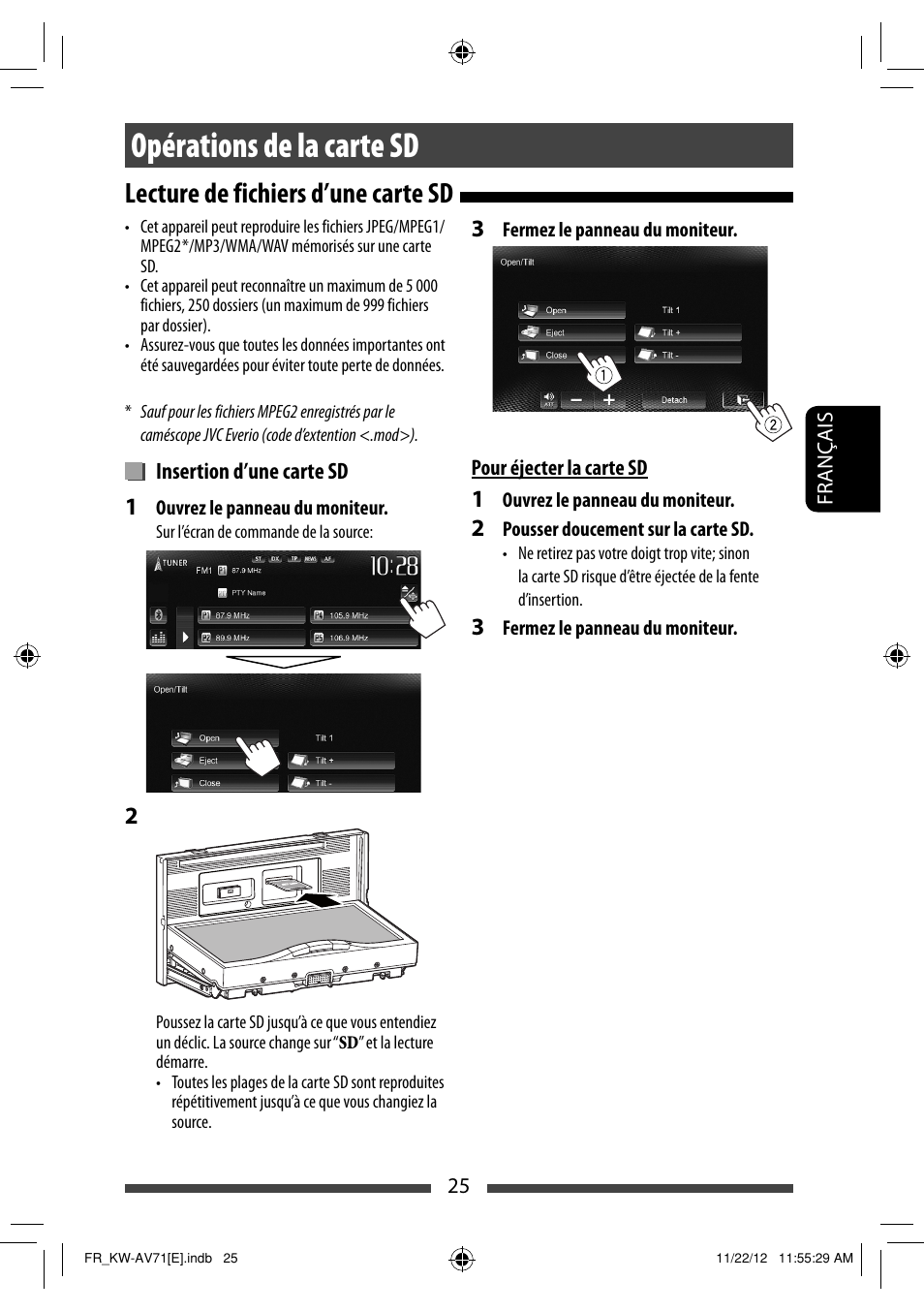 Opérations de la carte sd, Lecture de fichiers d’une carte sd | JVC KW-AV71BT User Manual | Page 165 / 285