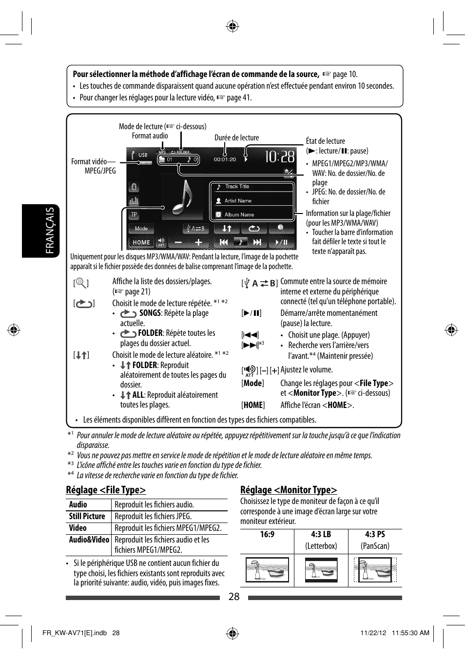 28 français réglage <file type, Réglage <monitor type | JVC KW-AV71BT User Manual | Page 168 / 285