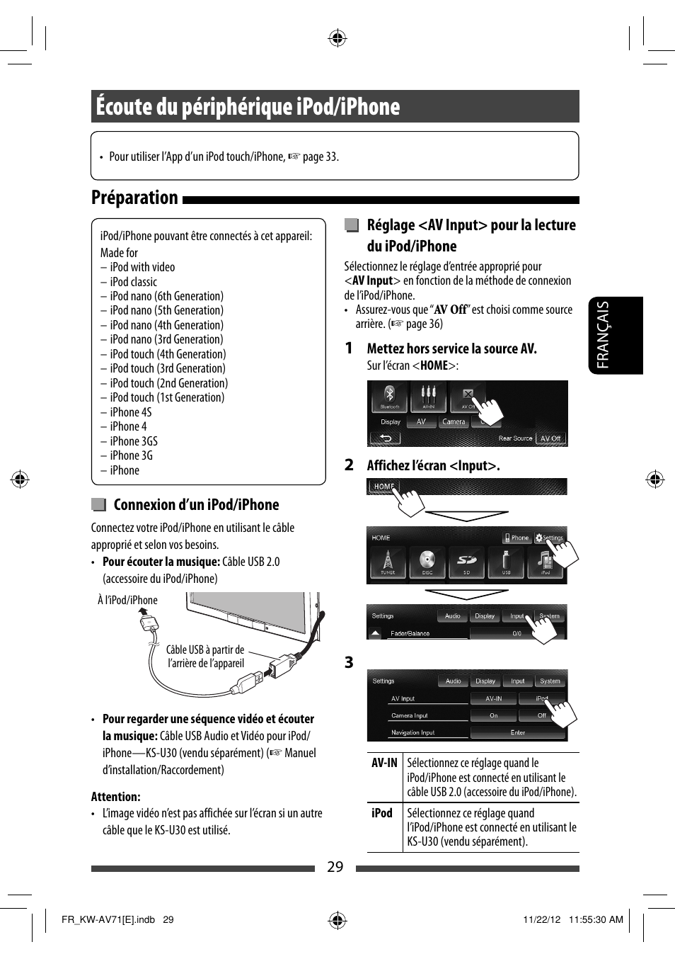 Écoute du périphérique ipod/iphone, Préparation | JVC KW-AV71BT User Manual | Page 169 / 285