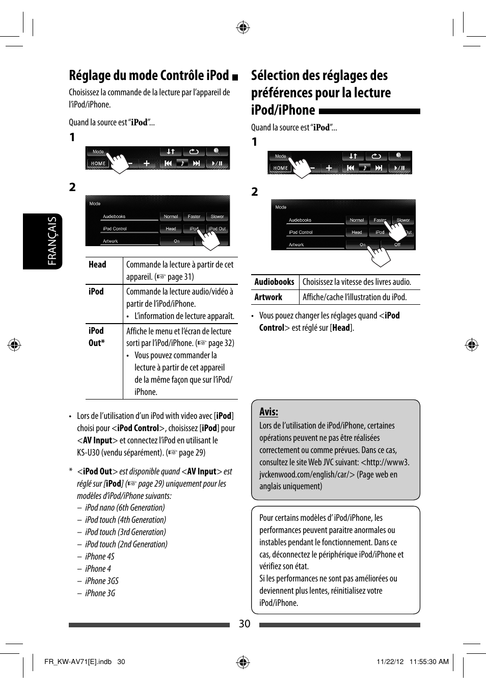 Réglage du mode contrôle ipod | JVC KW-AV71BT User Manual | Page 170 / 285