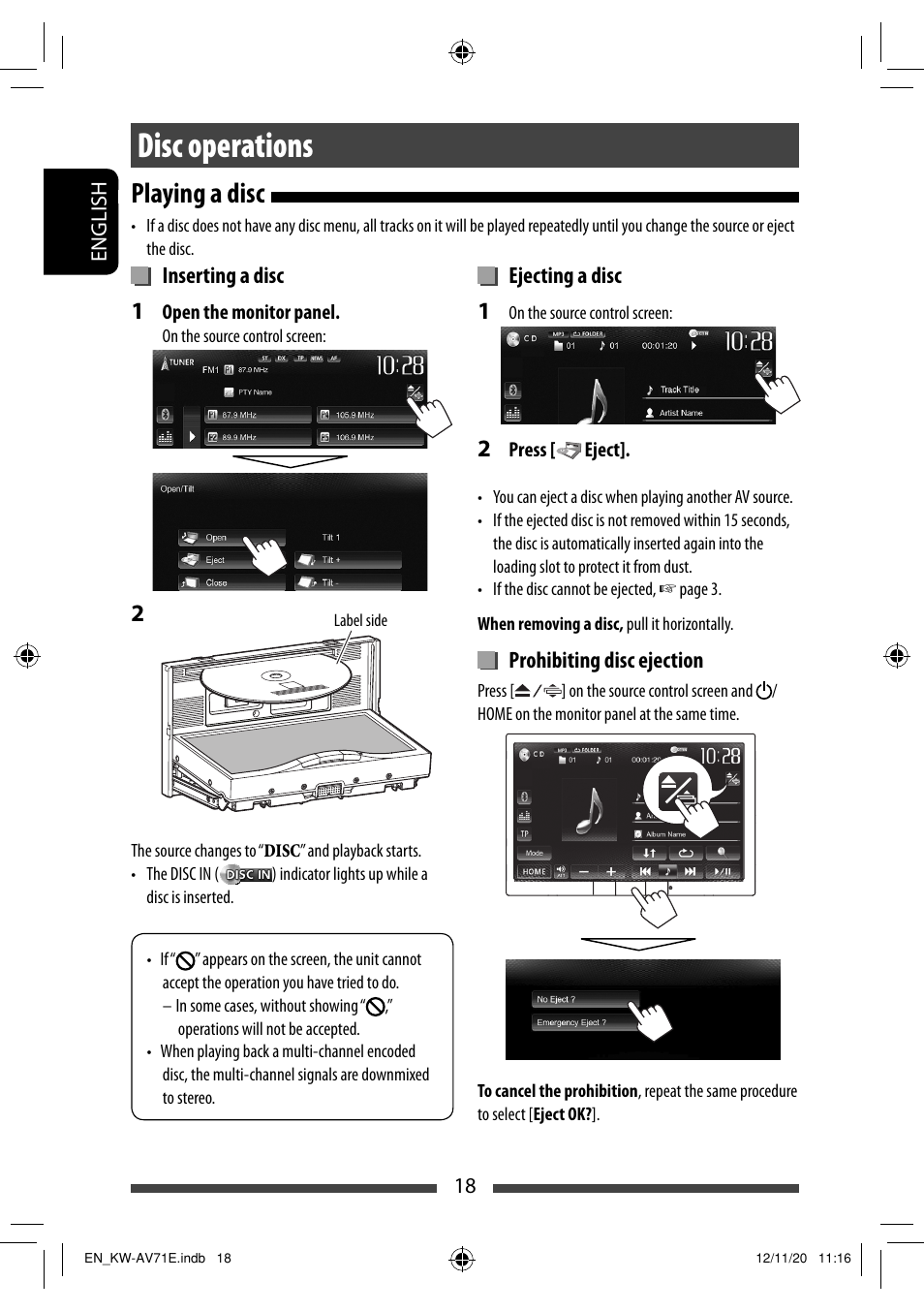Disc operations, Playing a disc | JVC KW-AV71BT User Manual | Page 18 / 285