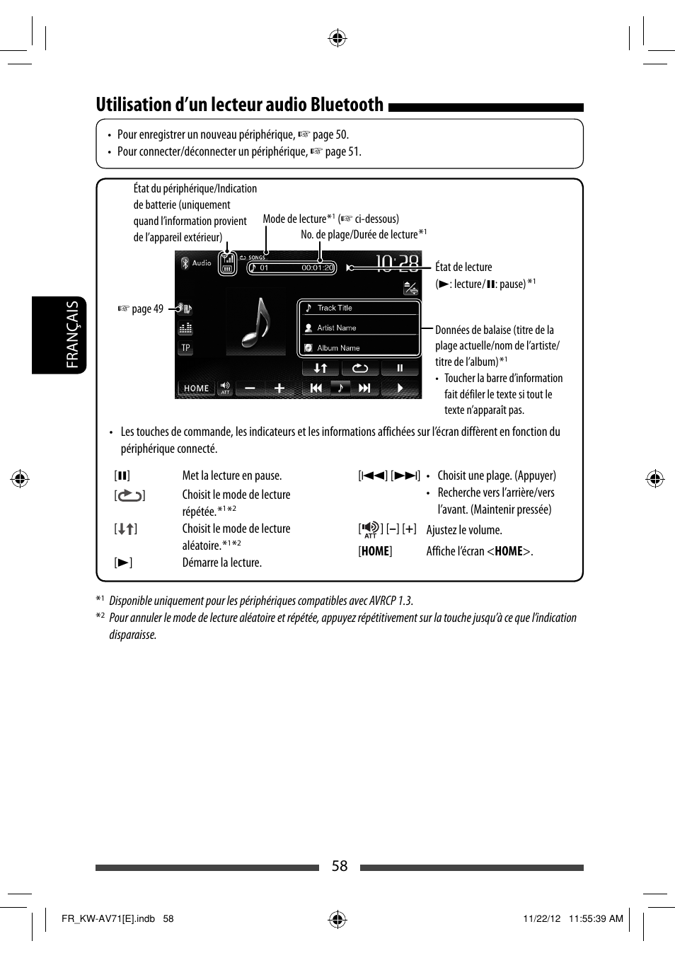 Utilisation d’un lecteur audio bluetooth, 58 français | JVC KW-AV71BT User Manual | Page 198 / 285