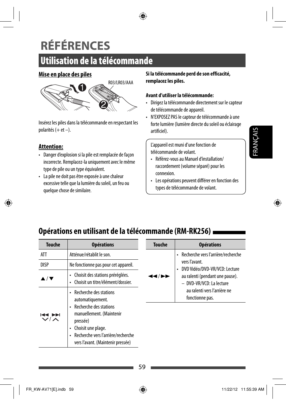 Références, Utilisation de la télécommande | JVC KW-AV71BT User Manual | Page 199 / 285