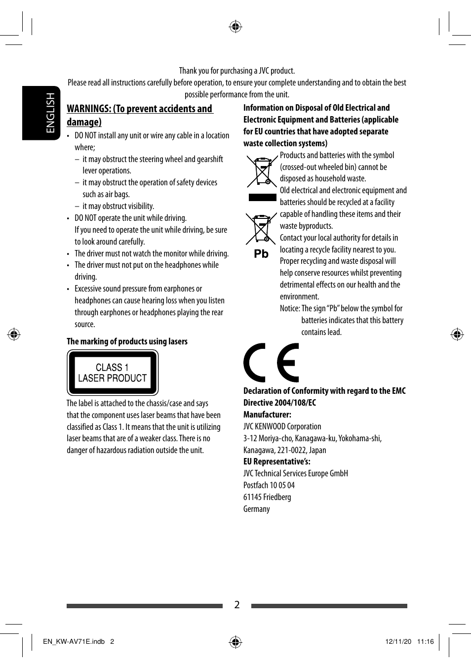 2english, Warnings: (to prevent accidents and damage) | JVC KW-AV71BT User Manual | Page 2 / 285