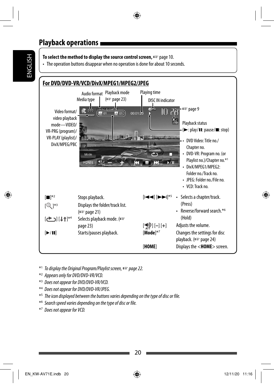 Playback operations, 20 english, For dvd/dvd-vr/vcd/divx/mpeg1/mpeg2/jpeg | JVC KW-AV71BT User Manual | Page 20 / 285