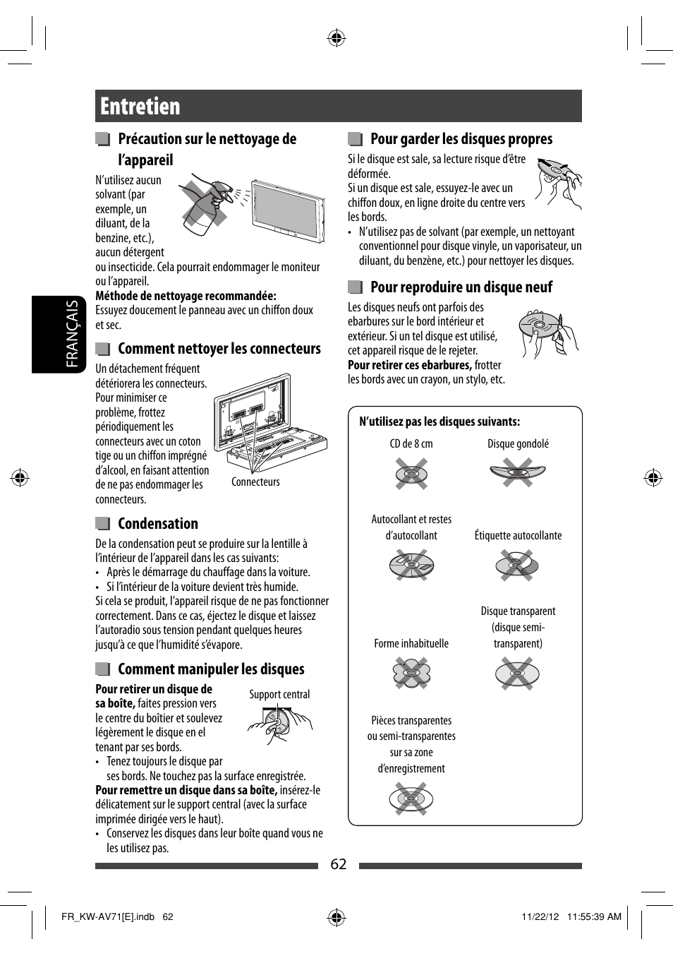 Entretien, Précaution sur le nettoyage de l’appareil, Comment nettoyer les connecteurs | Condensation, Comment manipuler les disques, Pour garder les disques propres, Pour reproduire un disque neuf | JVC KW-AV71BT User Manual | Page 202 / 285