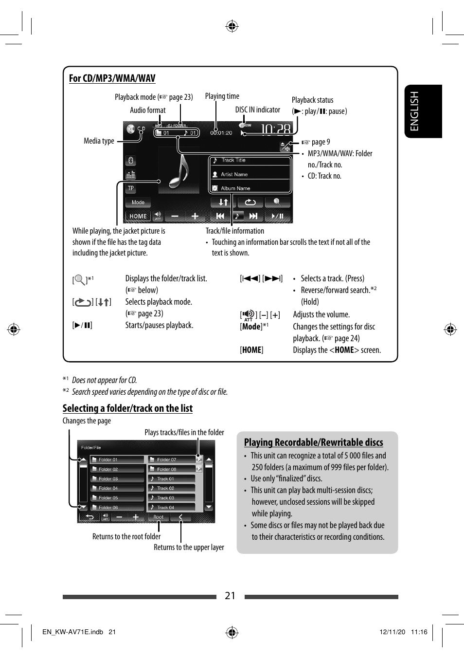21 english playing recordable/rewritable discs, Selecting a folder/track on the list, For cd/mp3/wma/wav | JVC KW-AV71BT User Manual | Page 21 / 285