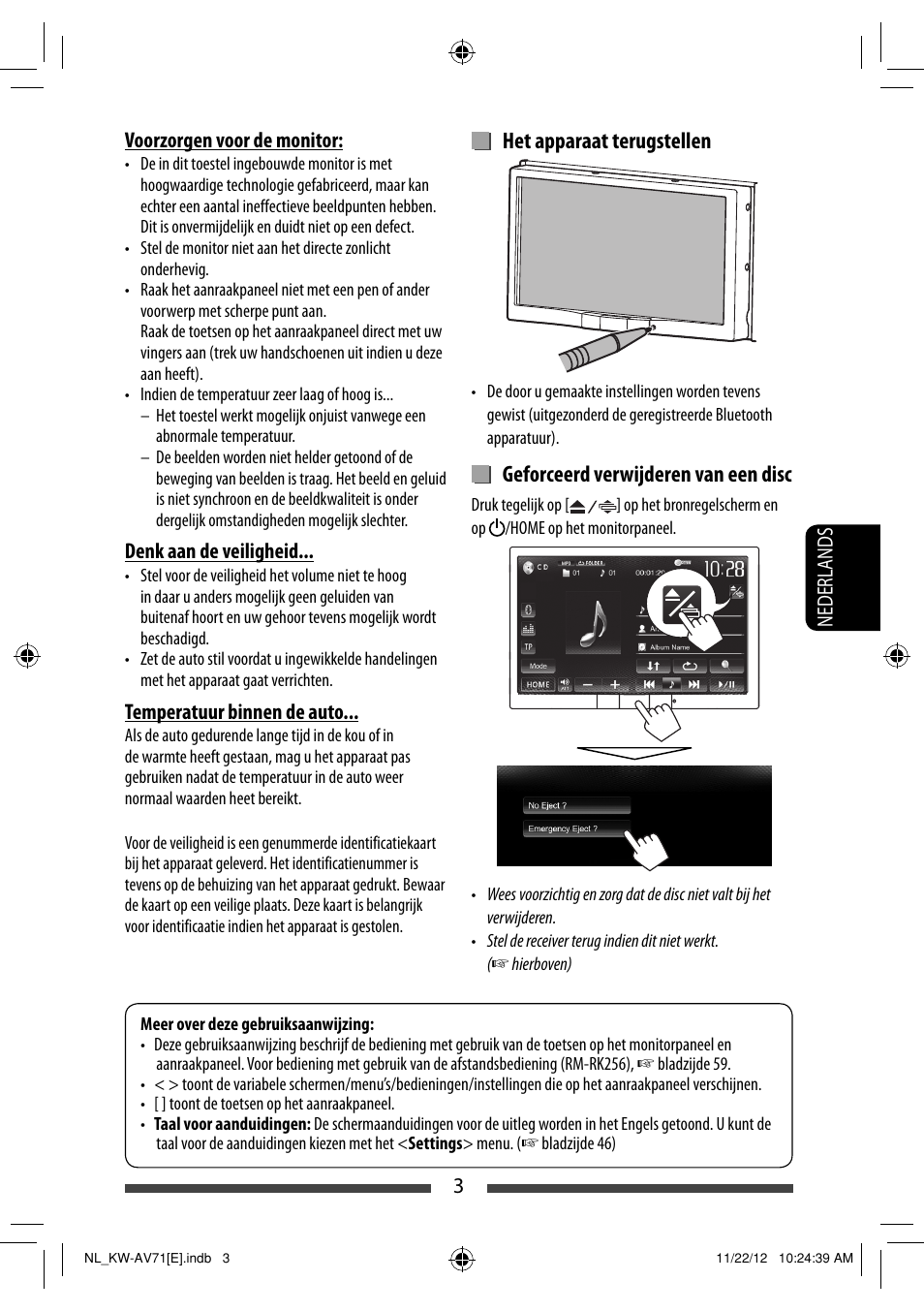 Het apparaat terugstellen, Geforceerd verwijderen van een disc | JVC KW-AV71BT User Manual | Page 213 / 285