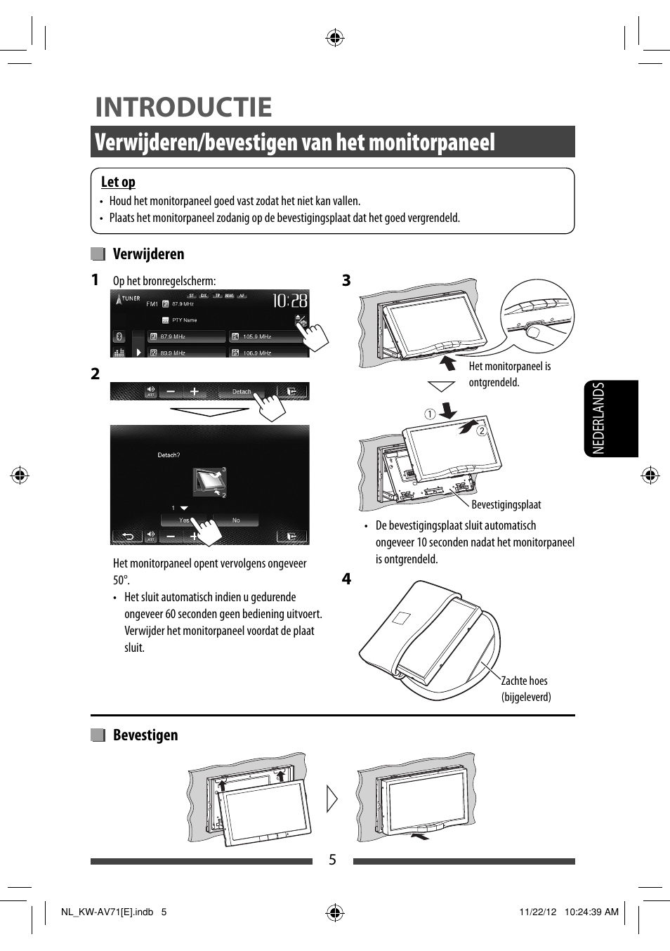 Introductie, Verwijderen/bevestigen van het monitorpaneel | JVC KW-AV71BT User Manual | Page 215 / 285