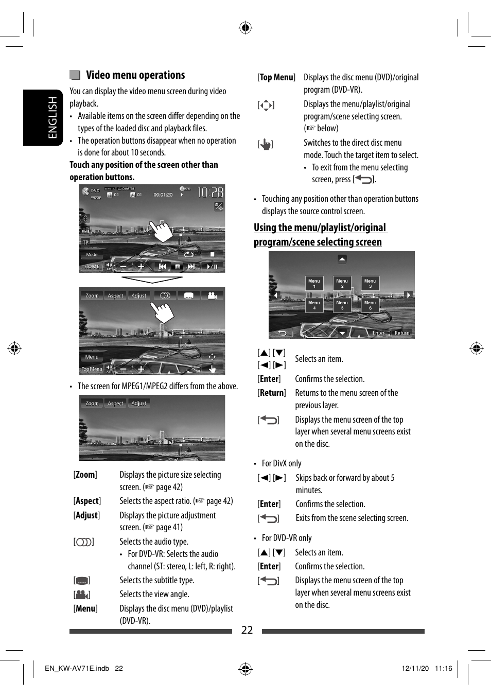 Video menu operations | JVC KW-AV71BT User Manual | Page 22 / 285