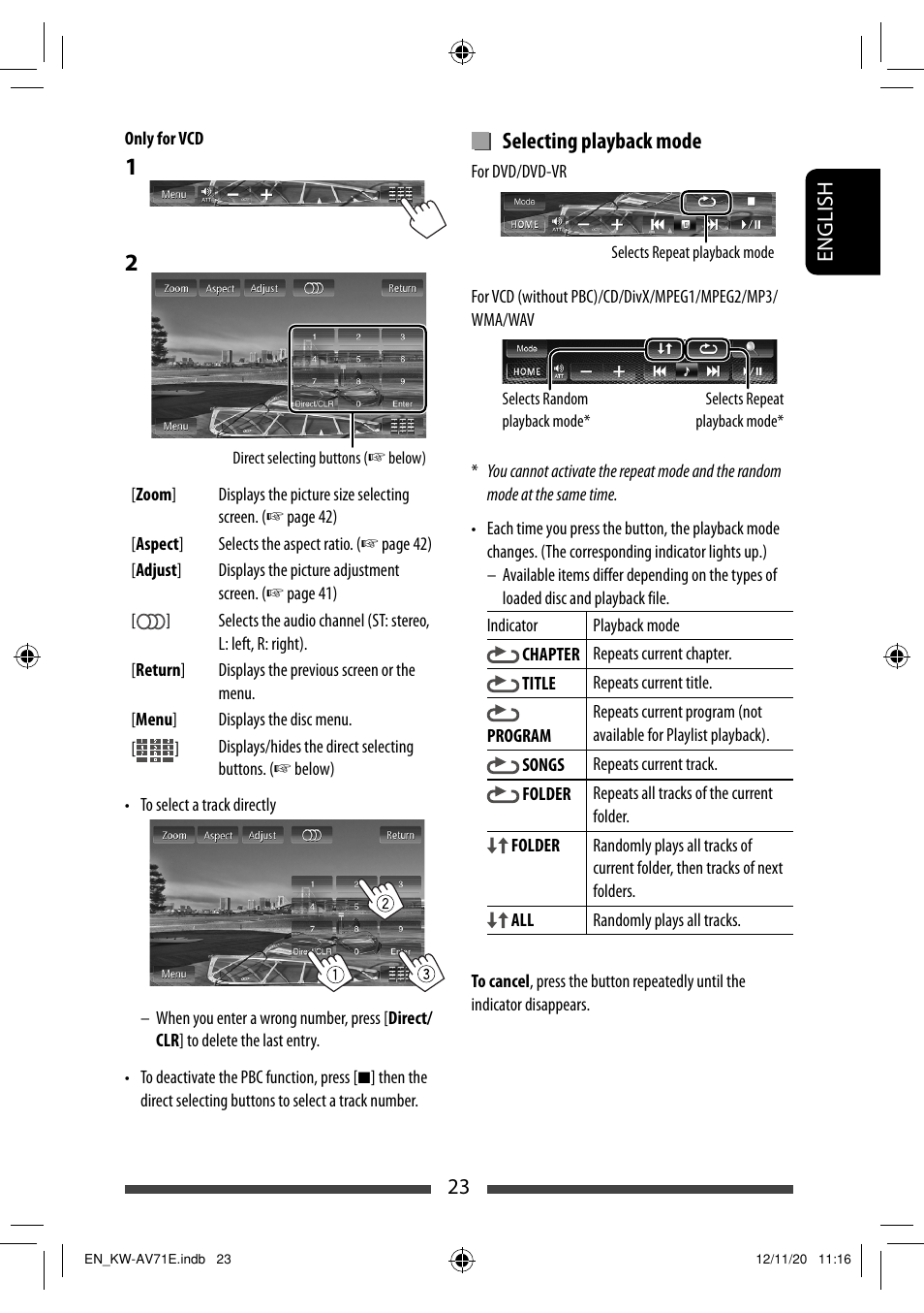 Selecting playback mode | JVC KW-AV71BT User Manual | Page 23 / 285