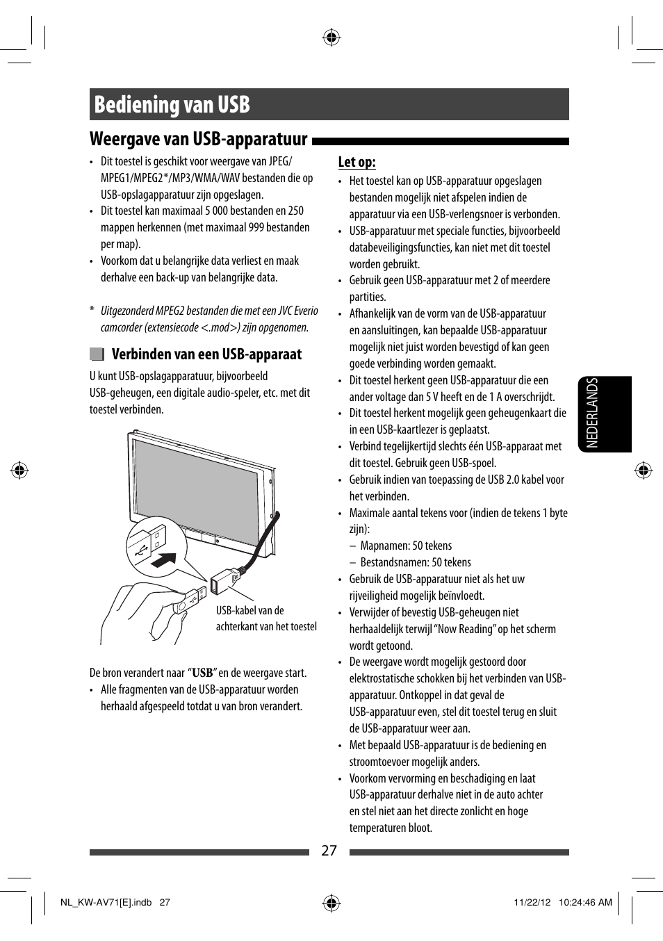 Bediening van usb, Weergave van usb-apparatuur, Verbinden van een usb-apparaat | JVC KW-AV71BT User Manual | Page 237 / 285